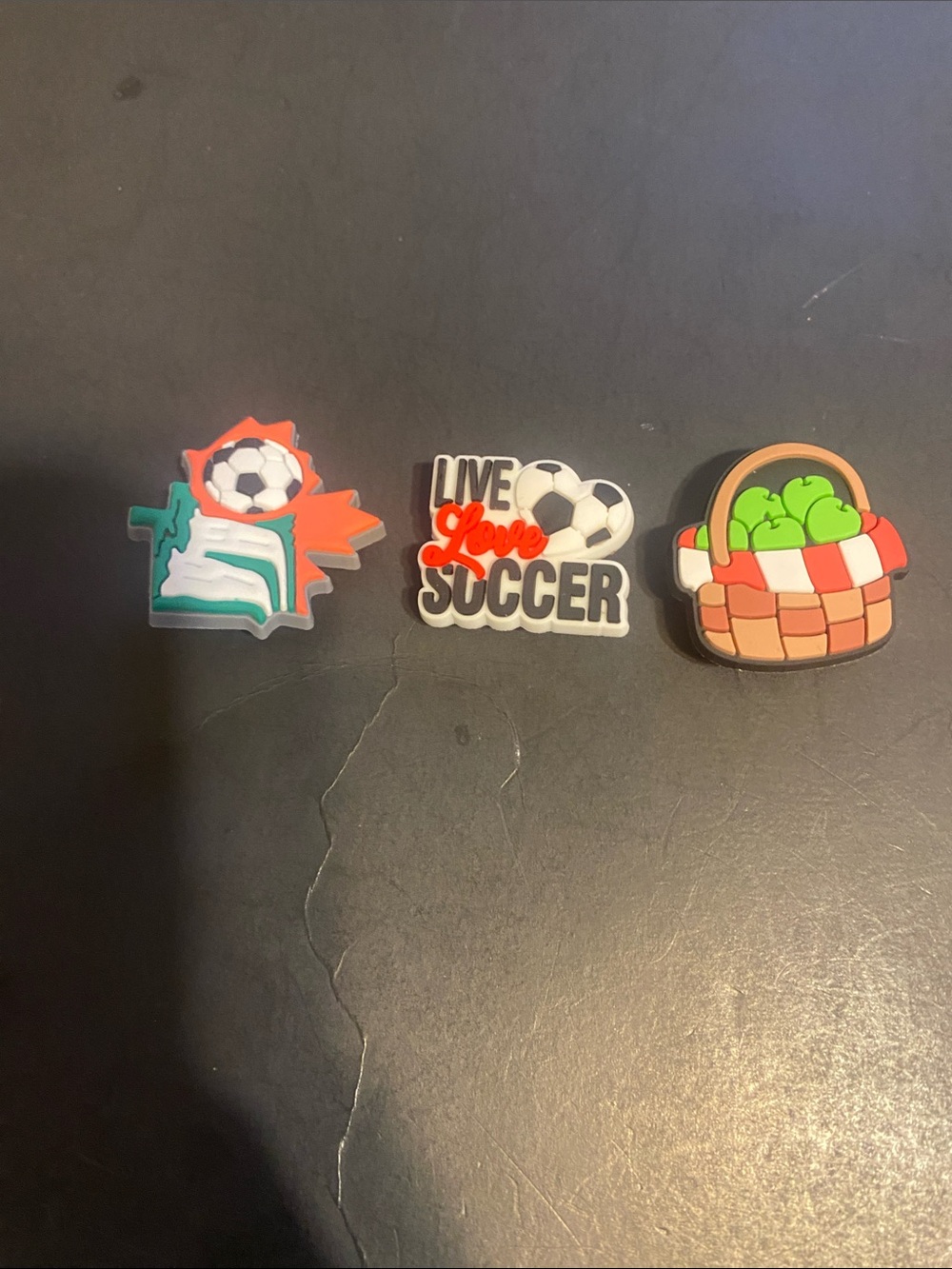Jibbitz Soccer & Picnic Basket Shoe Charms — White, Black, Red, Green, Orange